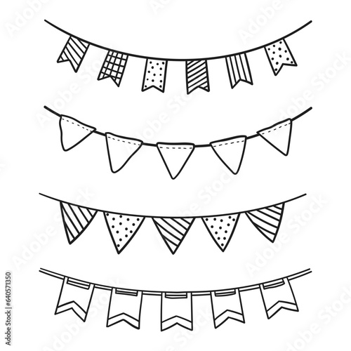 Set of Doodle flags for decoration. Garland black lines sketch. hand drawn vector illustration. Drawing doodles. holiday oatmeal