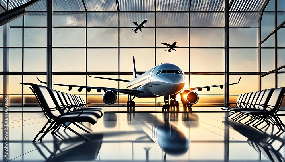 Flughafengebäude von Innen mit Glasfassade und blick auf die Flugzeuge - Illustration mit KI erzeugt - obrazy, fototapety, plakaty 