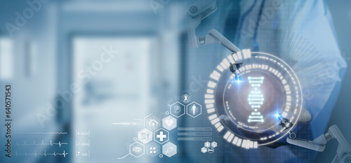 Doctor studies chromosome DNA genetic of human on virtual interface. Science of genetics. Human DNA research. Medical examination of human analyzes.Science, Medical technology and futuristic concept.