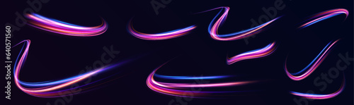 Neon swirls in a big set. Vector glitter light fire flare trace. Futuristic neon light effect. Speed of light concept background.	