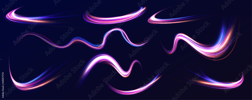 Neon swirls in a big set. Vector glitter light fire flare trace. Futuristic neon light effect. Speed of light concept background.	