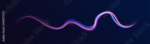 Sports light lines with neon effect in hay red and pink. Abstract background in blue and purple neon glow colors. Beautiful glow light flare and spark. 