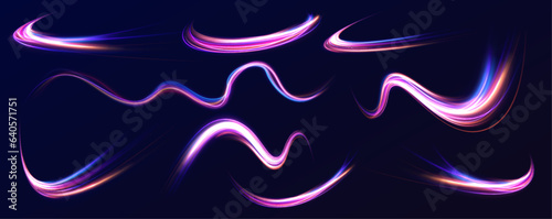 Neon swirls in a big set. Vector glitter light fire flare trace. Futuristic neon light effect. Speed of light concept background.	