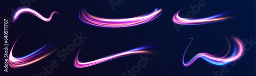 Neon swirls with light effect in the form of a spiral. Laser beams, horizontal light rays. Particle motion effect. Magic of moving fast lines. 