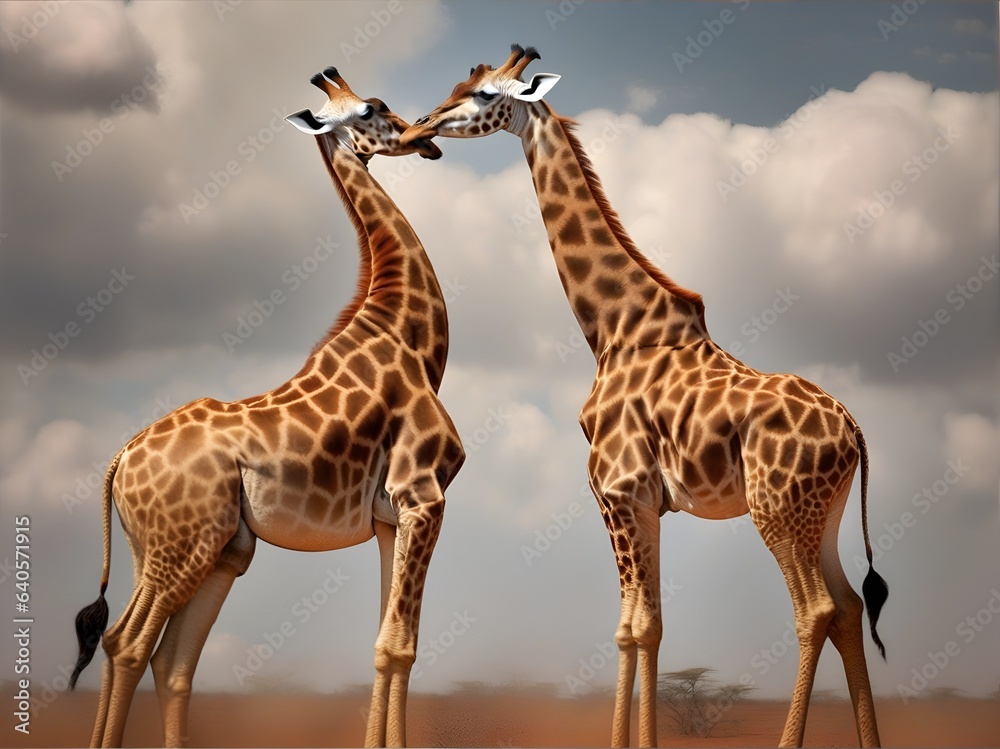 Fototapeta premium Meeting of two giraffes in their natural environment. AI Generated