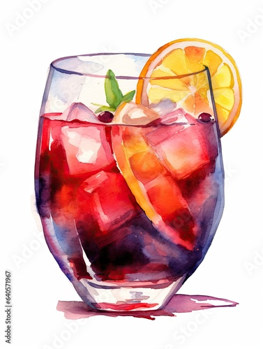 Glass of sangria watercolor illustration - Generative AI.