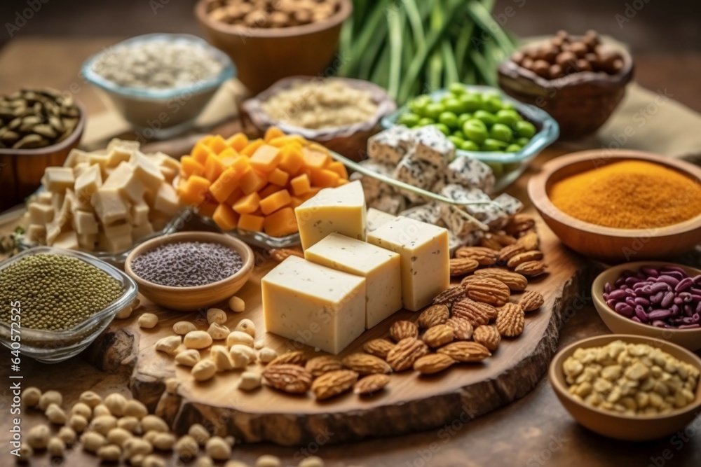 a range of plant-based protein sources like lentils, beans, tofu, and nuts, showcasing the diversity and importance of plant-based protein in a healthy diet