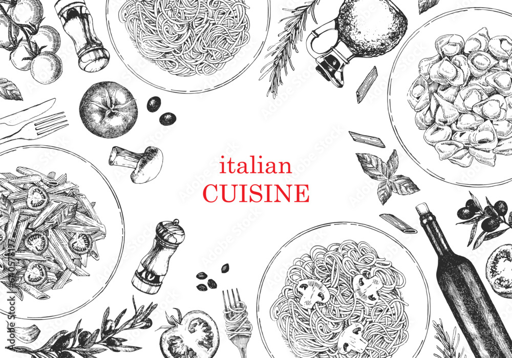 custom made wallpaper toronto digitalTraditional Italian cuisine. Hand-drawn illustration of Italian traditional dishes and products. Ink. Vector	