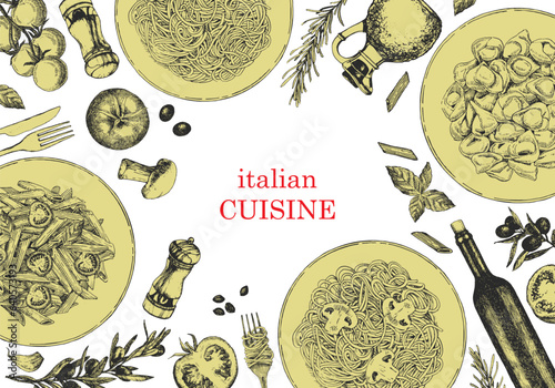 Traditional Italian cuisine. Hand-drawn illustration of Italian traditional dishes and products. Ink. Vector	