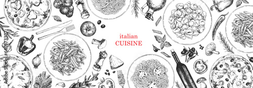 Traditional Italian cuisine. Hand-drawn illustration of Italian traditional dishes and products. Ink. Vector	