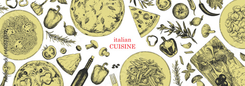 Traditional Italian cuisine. Hand-drawn illustration of Italian traditional dishes and products. Ink. Vector 