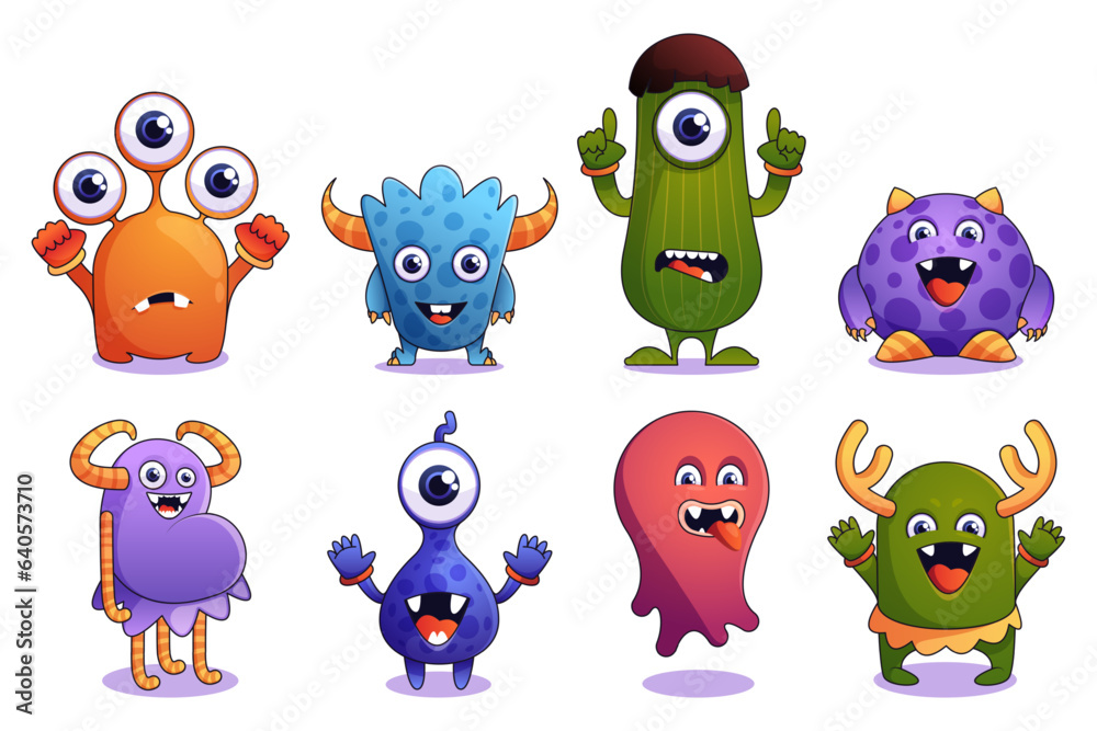 Naklejka premium Cute monsters. Cartoon colorful fairy creature with funny eyes and mouth, alien animal mascot characters in flat style. Vector colorful set of animal creature funny illustration