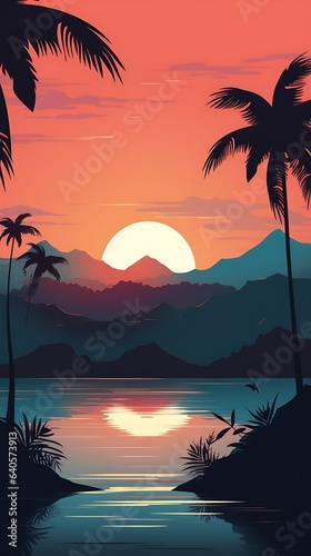 Sunset over the lake flat vector minimal background with palm trees wallpaper