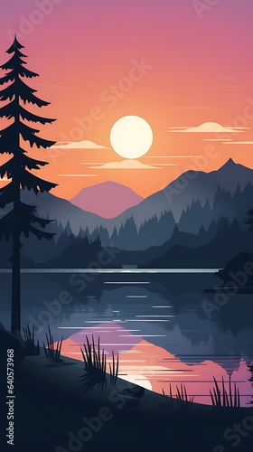 Sunset over the lake flat vector minimal background with palm trees wallpaper