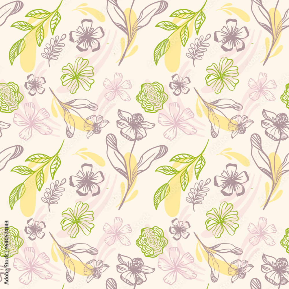 Doodle flowers seamless texture for paper or textile.Color contour drawings of abstract flowers. Hand drawn, vector. Design botanical drawing layout for wallpaper, fabric, packaging