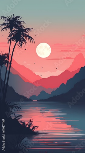 A Flat minimal sunset over the lake and mountains vector illustration background wallpaper