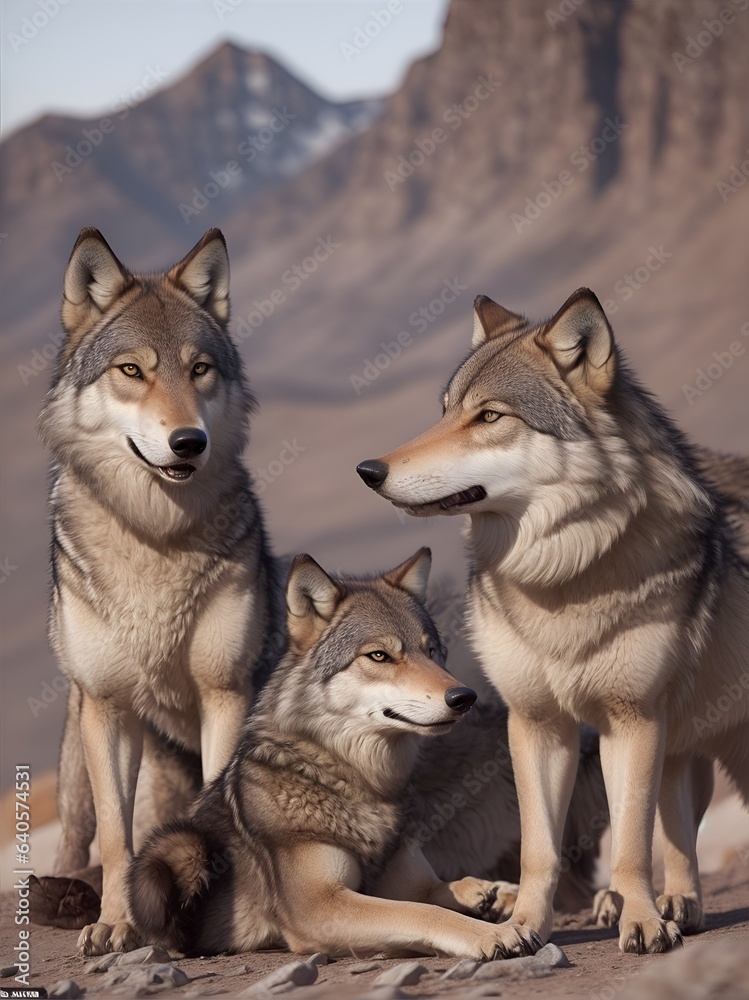 Wild wolves sharing a moment of companionship. The essence of their bond against a backdrop of rugged mountains and soft twilight hues. AI Generated