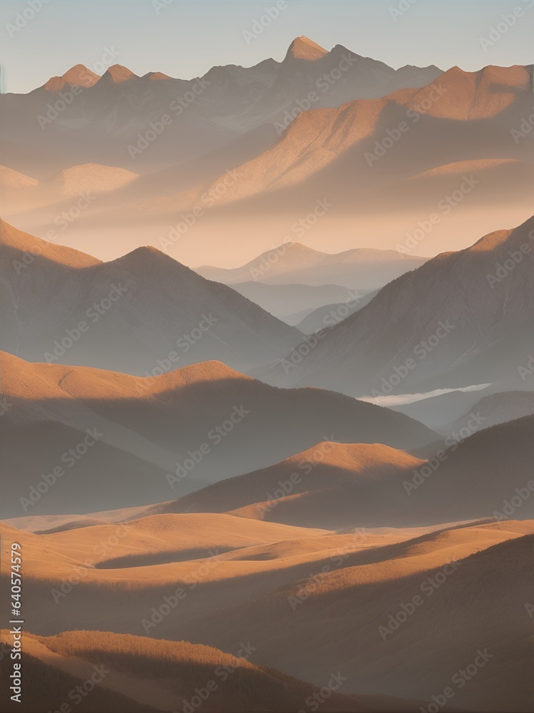 A panoramic view of mountains that stretch to the horizon, enveloped in warm beige tones. A rustic mountain scene that exudes elegance. AI Generated