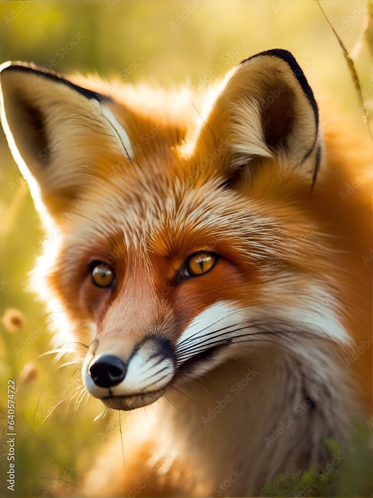 Fototapeta premium Fox's Intimate Summer Moment. The fox's russet fur and watchful eyes are illuminated by the soft summer light, evoking a sense of connection with the wild. AI Generated