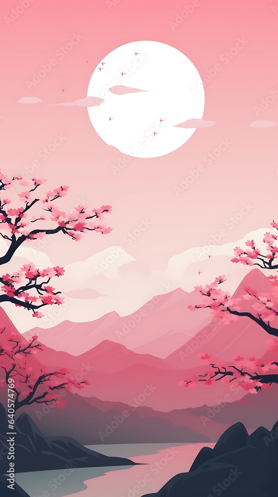 flat minimal sakura pink color sunset mountains winter rose background wallpaper - obrazy, fototapety, plakaty 