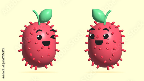 3D Realistic Digital Illustration of Rambutan cartoon character. Concept art of a happy Rambutan smiley face icon. Healthy food emoji of Rambutan. Fresh ripe Rambutan Fruit.