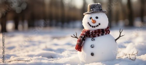 A Christmas-themed background image for creative content, featuring a cheerful snowman adorned with a scarf and a cozy hat. Photorealistic illustration, Generative AI © DIMENSIONS