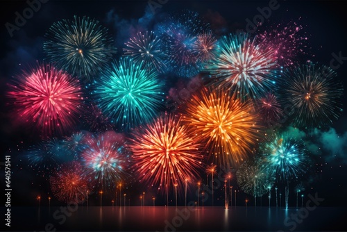 A vibrant New Year-themed background image capturing the dazzling fireworks lighting up the night sky with an array of colorful bursts of light. Photorealistic illustration, Generative AI