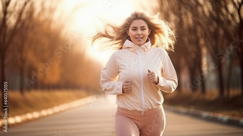 Plus-size woman running in the park. Generative AI