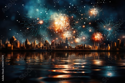 A captivating wallpaper capturing the joyous celebration of colorful fireworks illuminating the night sky over a bustling city. Photorealistic illustration, Generative AI
