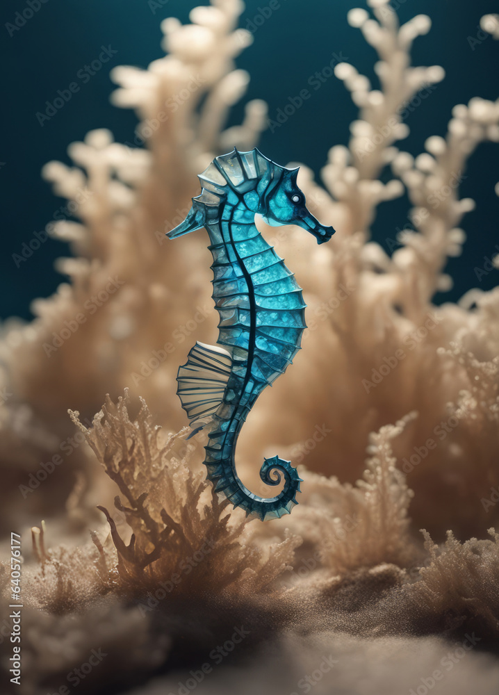 Blue seahorse on the coral reef.