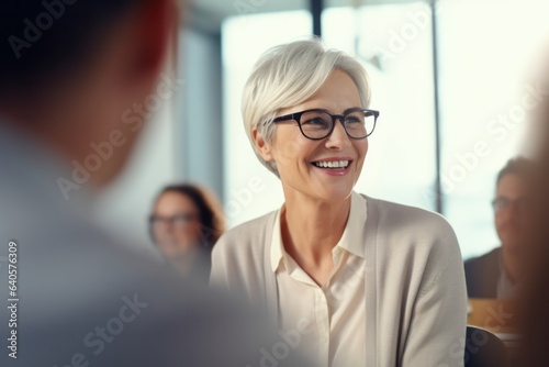 Smiling elderly businesswoman team leader in glasses at business meeting discussing project idea