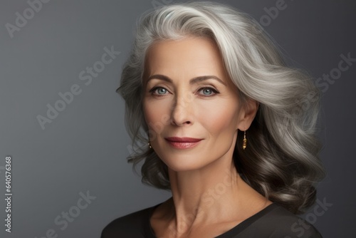 Confident pretty mature woman with groomed gray hair curls looking at camera on gray background