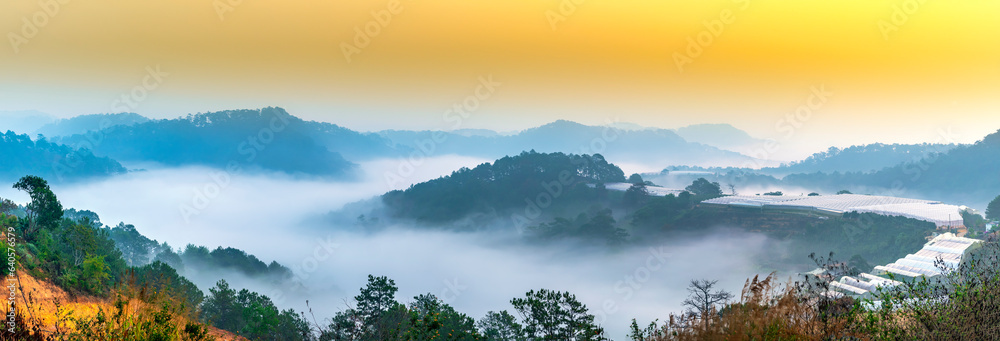 The morning landscape in the valley with fog covered and sunrise background is so blurry, so beautiful and peaceful