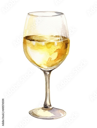Glass of white wine watercolor illustration - Generative AI.