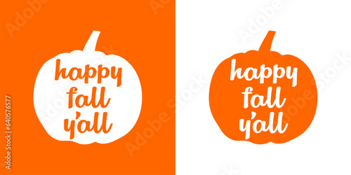 Logo con letras palabra happy fall y'all con texto manuscrito en silueta de calabaza para su uso en invitaciones y tarjetas 