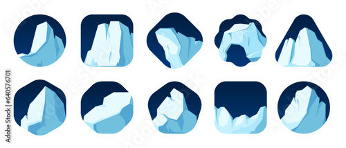 Arctic glacier. Cartoon mountain ice floating on sea with icebergs, polar landscape with frozen floating mountain with icy rocks melting. Vector illustration of ice glacier mountain