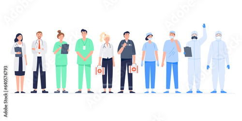 Set of various medicine workers. Group of medical specialists standing together: doctor, surgeon, physician, paramedic, nurse, and other staff. Flat vector characters.	