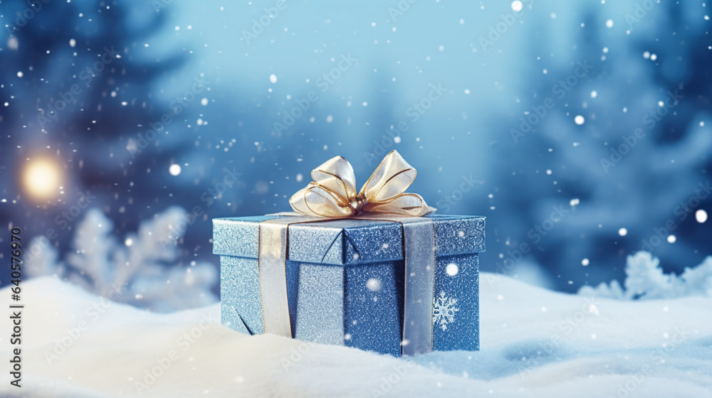 Christmas holiday gift and present, gift box in the snow in snowfall winter countryside nature for boxing day, holidays shopping sale Christmas holiday gift and present, gift box in the snow in snowfall winter countryside nature for boxing day, holidays shopping sale