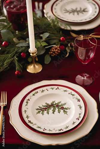 Christmas holiday tablescape, formal dinner table setting, table scape with elegant tableware and dinnerware for wedding party and event decor
