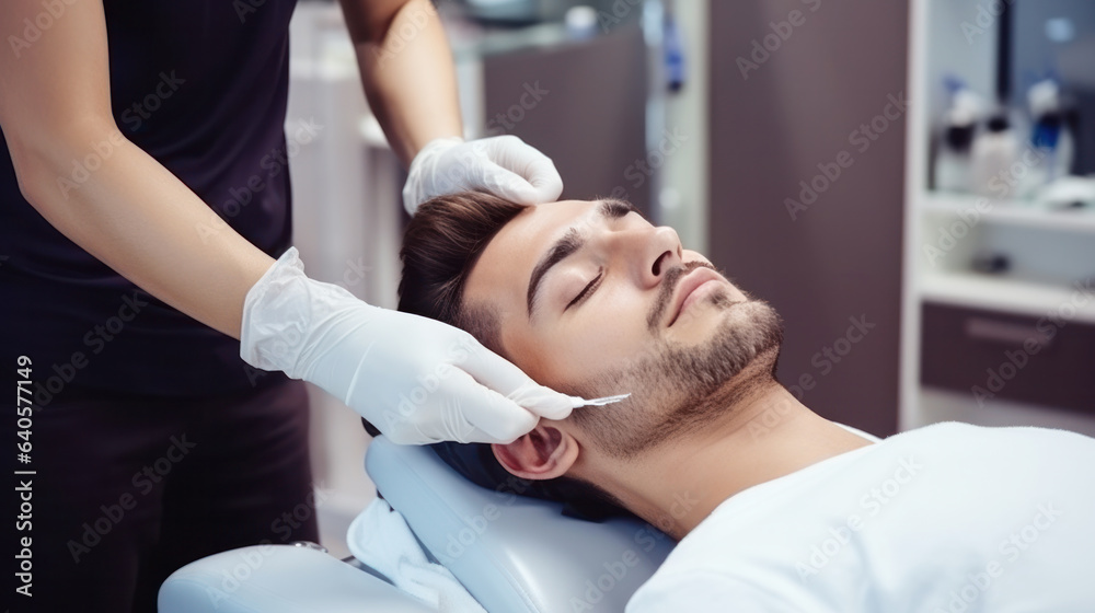 Obraz premium Men getting lifting therapy to stimulate facial health, rejuvenating facial treatment, and therapy massage in a beauty SPA salon, exfoliation, rejuvenation and hydration, cosmetology