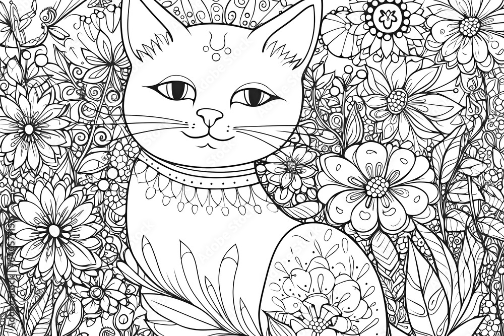 Contour drawing of cat in garden among flowers, coloring page for children