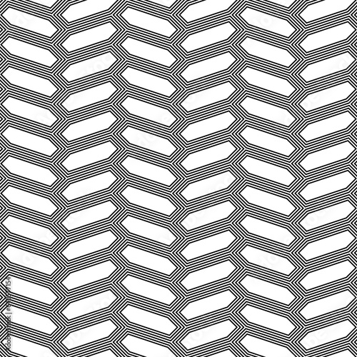 Herringbone motif. Seamless surface pattern design with white hexagons tessellation ornament. Mosaic parquet wallpaper. Black zigzag weaving lines. Jagged strokes. Digital paper, page fills. Vector.