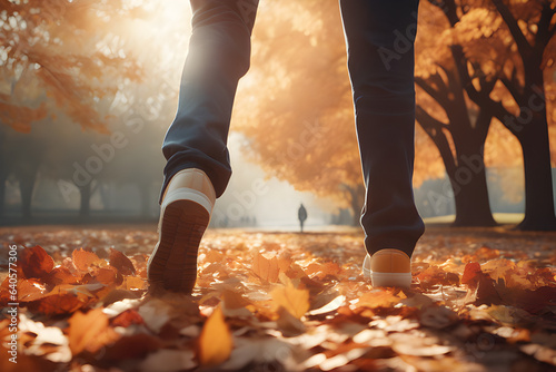 person walking feet in autumn park Generative AI