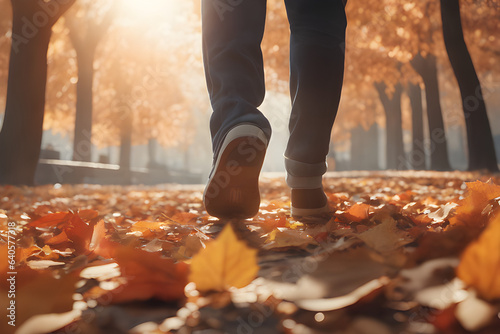 Fényképezés person walking feet in autumn park Generative AI