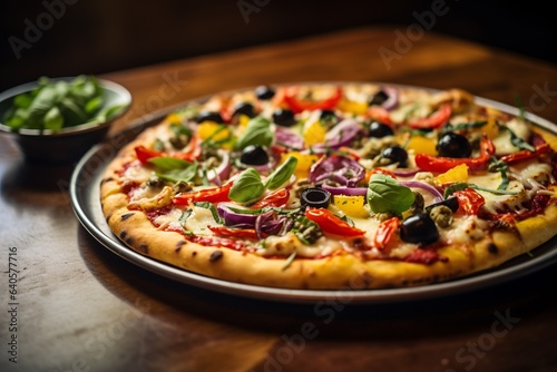 a classic pizza, but there's a twist – the crust is made from finely ground cauliflower, and the toppings are all organic veggies. It radiates freshness, bursting with colors from bell peppers, olives