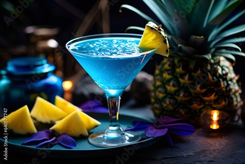 a bright blue cocktail that radiates health. The blue hue, achieved with spirulina, promises a dose of nutrients, while a slice of starfruit and a pineapple leaf serve as garnish, evoking tropical sen