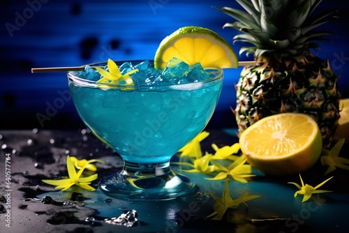 a bright blue cocktail that radiates health. The blue hue, achieved with spirulina, promises a dose of nutrients, while a slice of starfruit and a pineapple leaf serve as garnish, evoking tropical sen