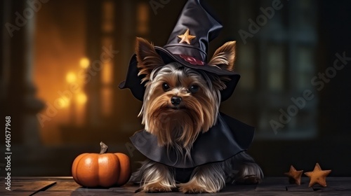 a photograph of cute yorkshire terrier dog use witch hat for halloween celebration generative ai