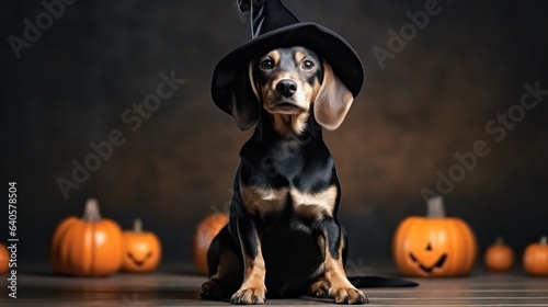 a photograph of cute beagle dog use witch hat for halloween celebration generative ai © Leaf