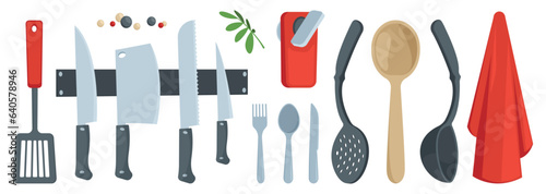 Cartoon cutlery set. Kitchen utensils spoon fork knife ladle strainer spatula, spatula with hole, flat cooking tools. Vector isolated set of utensil kitchenware illustration